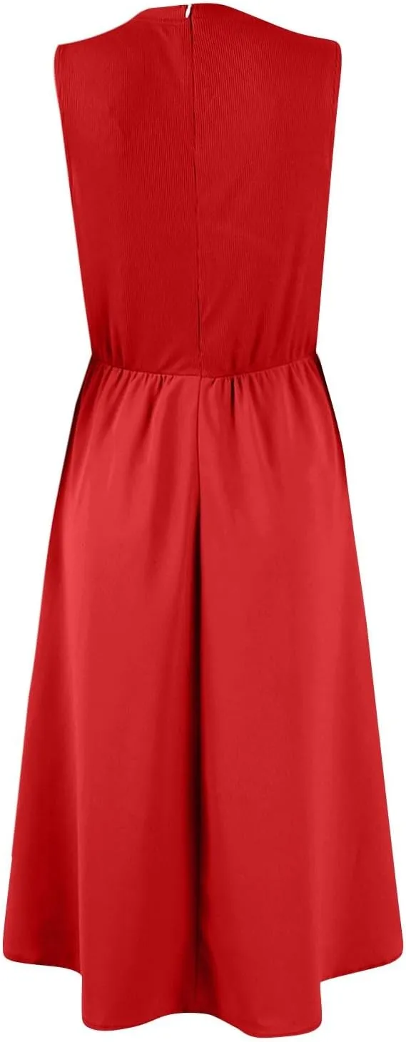 Womens Sundress Tank Top Summer Boho Dress Pleated Wrap Dress Plus Size Sleeveless Western Ruched Dresses with Pockets