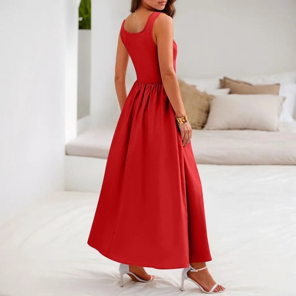 Womens Sundress Tank Top Summer Boho Dress Pleated Wrap Dress Plus Size Sleeveless Western Ruched Dresses with Pockets