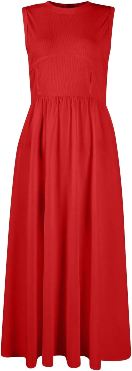 Womens Sundress Tank Top Summer Boho Dress Pleated Wrap Dress Plus Size Sleeveless Western Ruched Dresses with Pockets