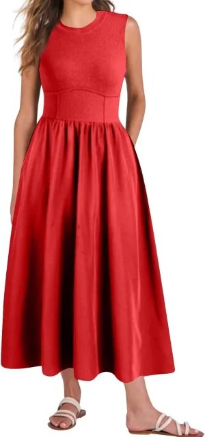 Womens Sundress Tank Top Summer Boho Dress Pleated Wrap Dress Plus Size Sleeveless Western Ruched Dresses with Pockets