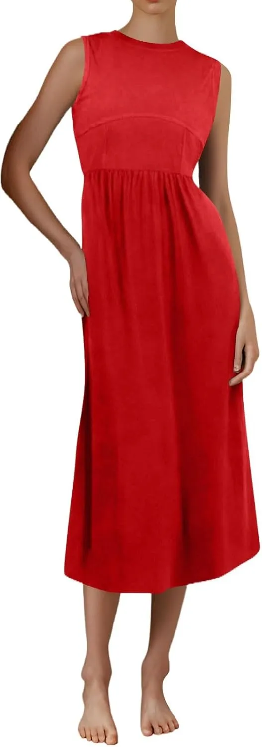Womens Sundress Tank Top Summer Boho Dress Pleated Wrap Dress Plus Size Sleeveless Western Ruched Dresses with Pockets