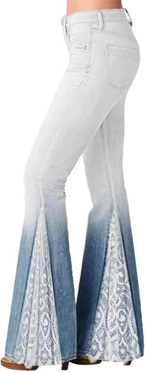 Womens Vintage Floral Print Flare Denim Pants Bell Bottom Jeans Curvy Slim Fit Butt Lifting Denim Skinny Jeans