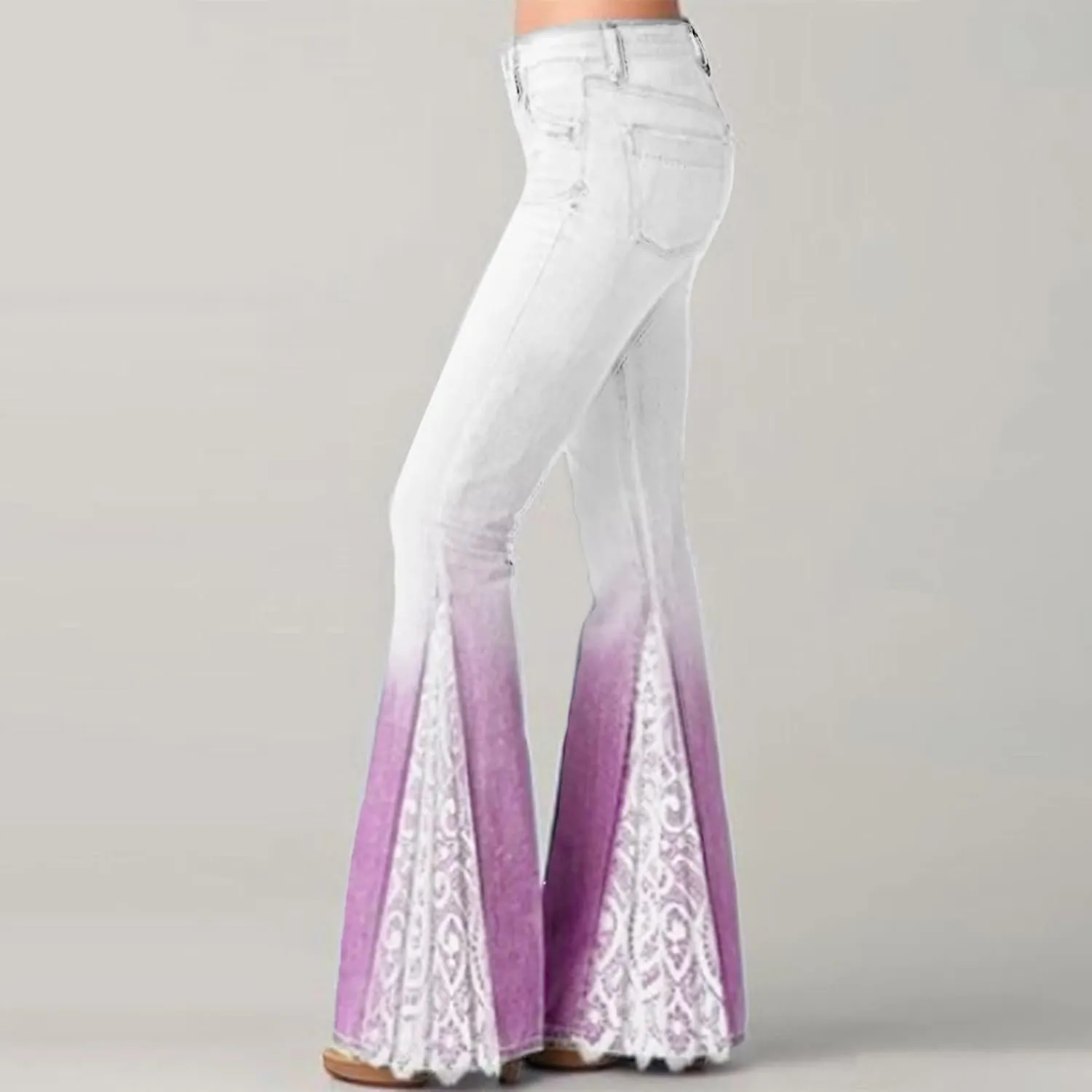 Womens Vintage Floral Print Flare Denim Pants Bell Bottom Jeans Curvy Slim Fit Butt Lifting Denim Skinny Jeans