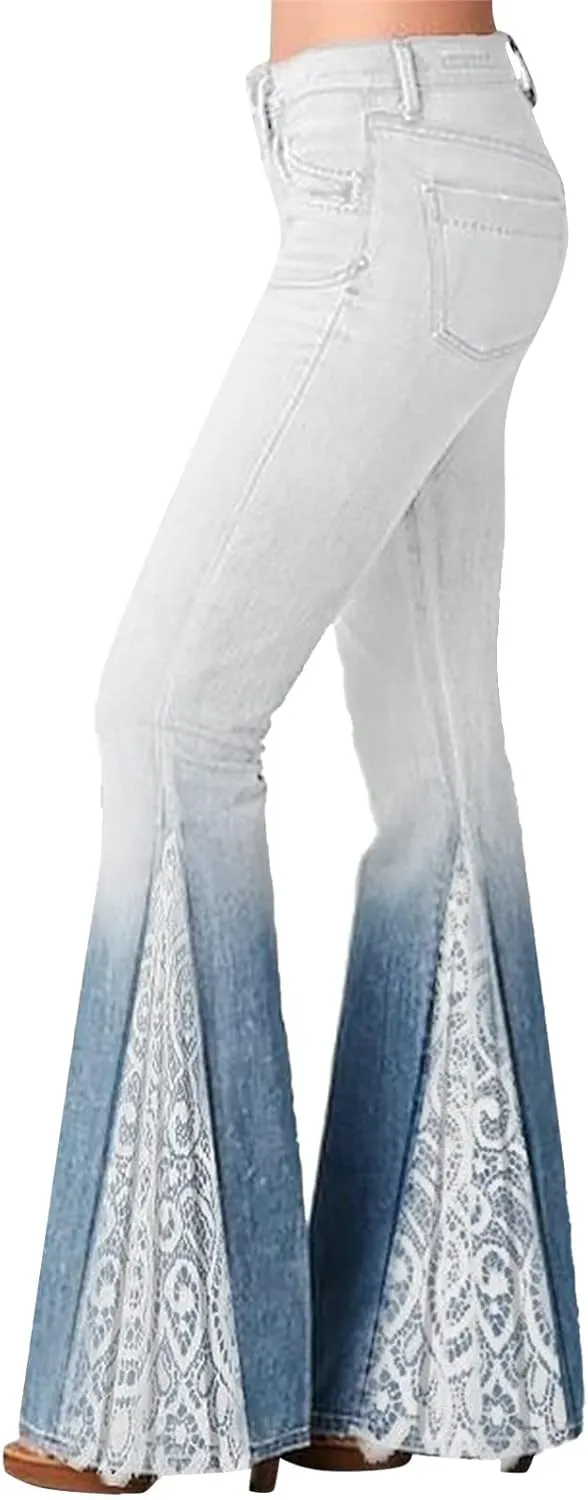 Womens Vintage Floral Print Flare Denim Pants Bell Bottom Jeans Curvy Slim Fit Butt Lifting Denim Skinny Jeans