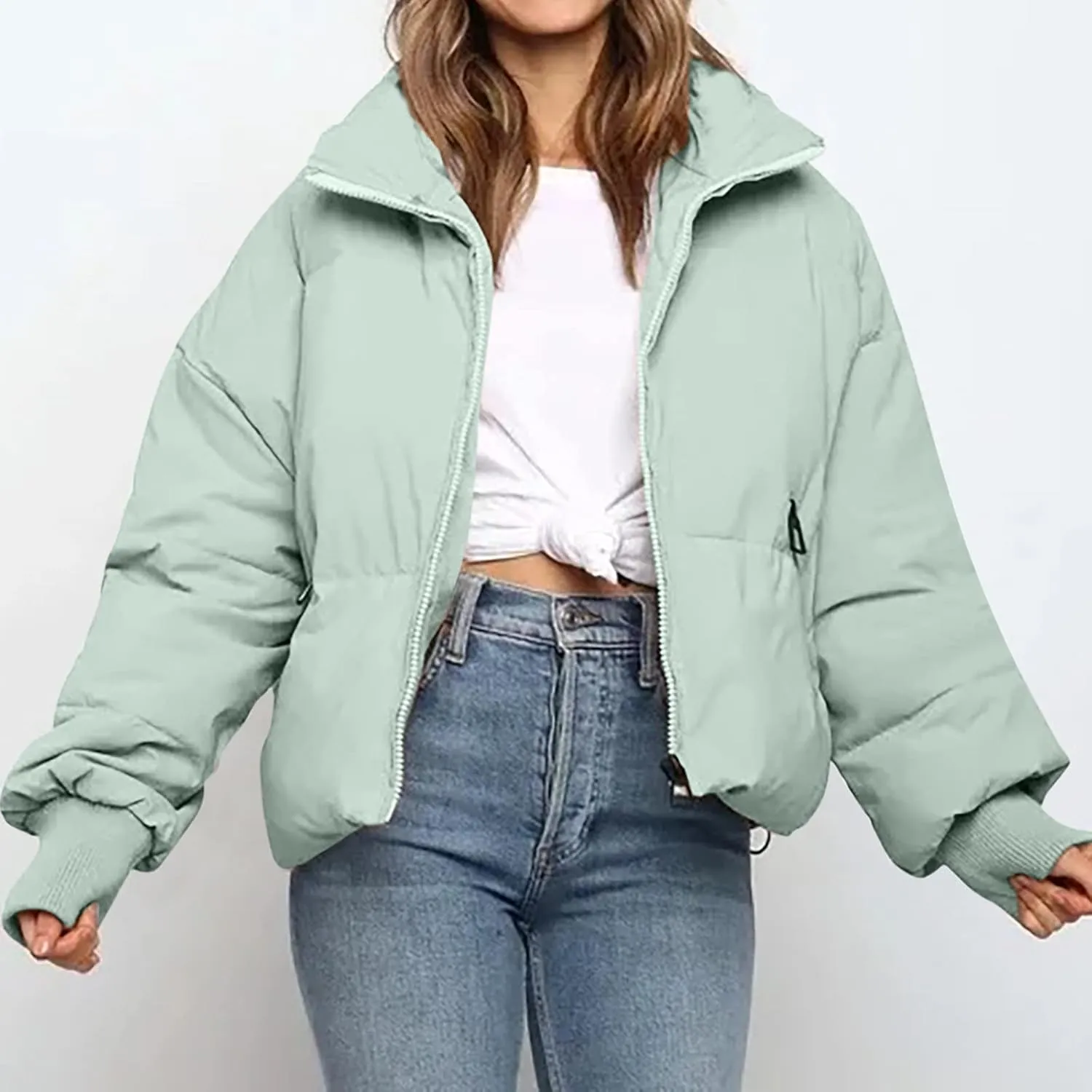 Womens Winter Cropped Puffer Jacket Coat Short Warm Quilted Jacket Zip Up Down Jackets Cozy Outerwear Padded Coat