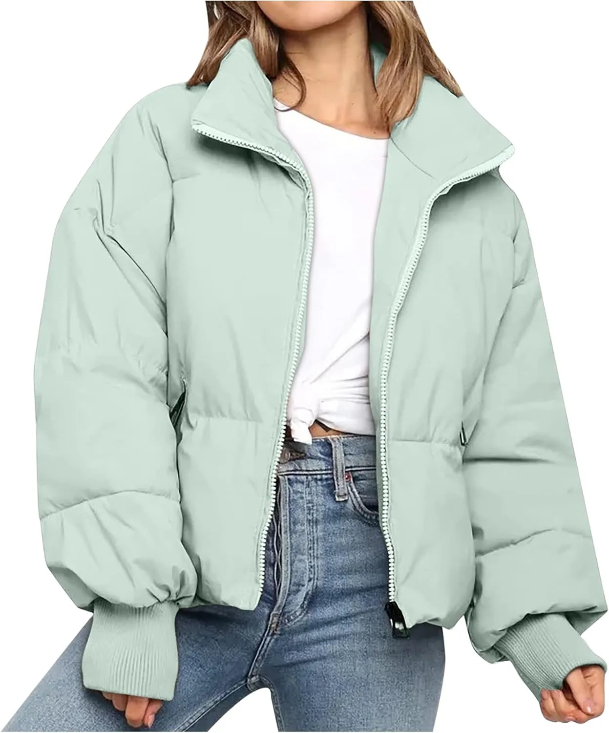 Womens Winter Cropped Puffer Jacket Coat Short Warm Quilted Jacket Zip Up Down Jackets Cozy Outerwear Padded Coat