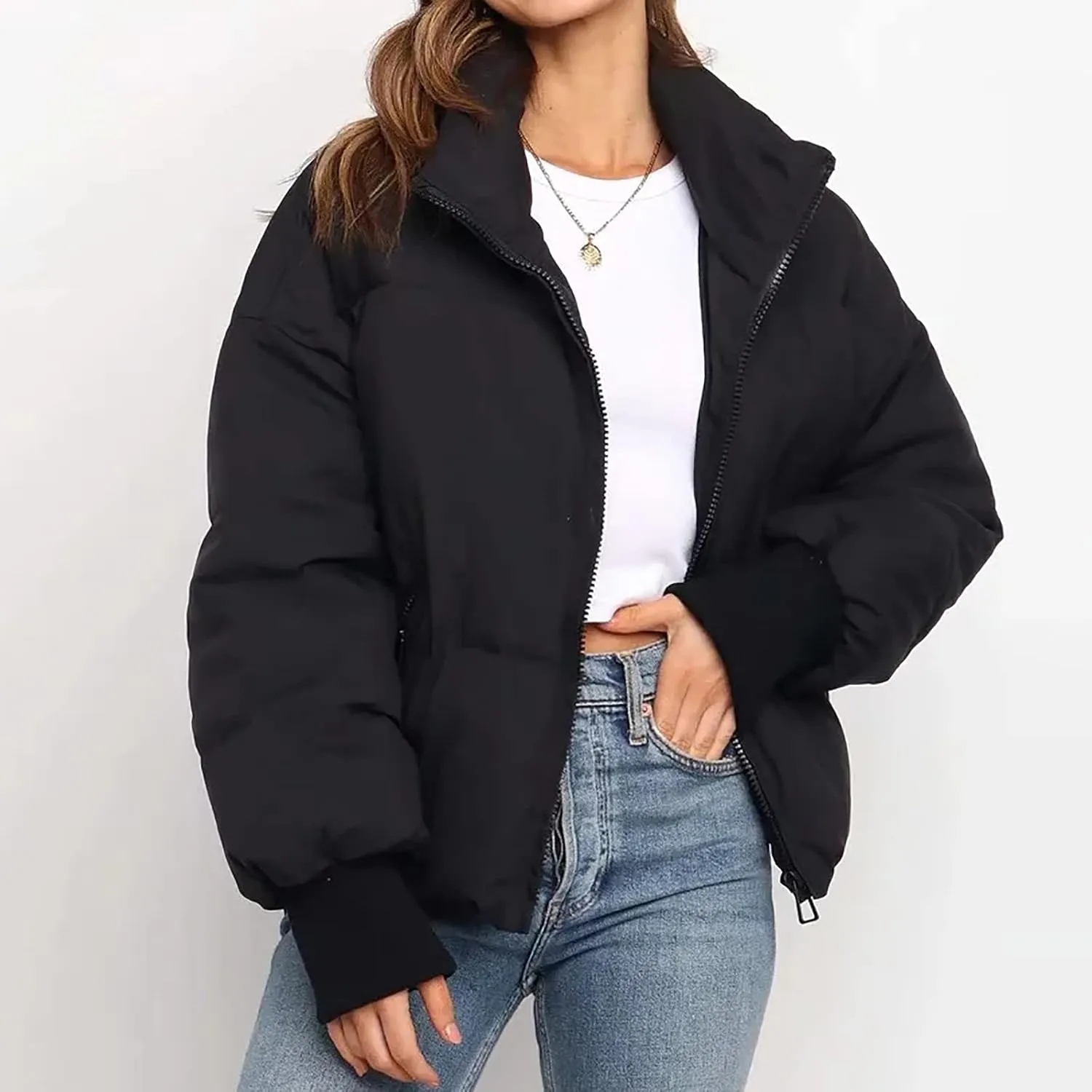 Womens Winter Cropped Puffer Jacket Coat Short Warm Quilted Jacket Zip Up Down Jackets Cozy Outerwear Padded Coat