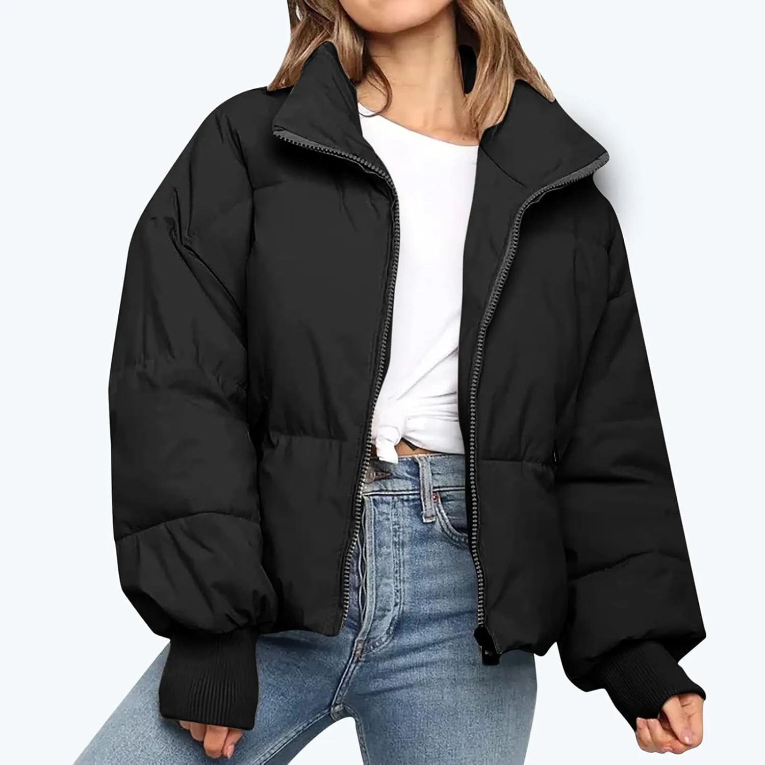 Womens Winter Cropped Puffer Jacket Coat Short Warm Quilted Jacket Zip Up Down Jackets Cozy Outerwear Padded Coat