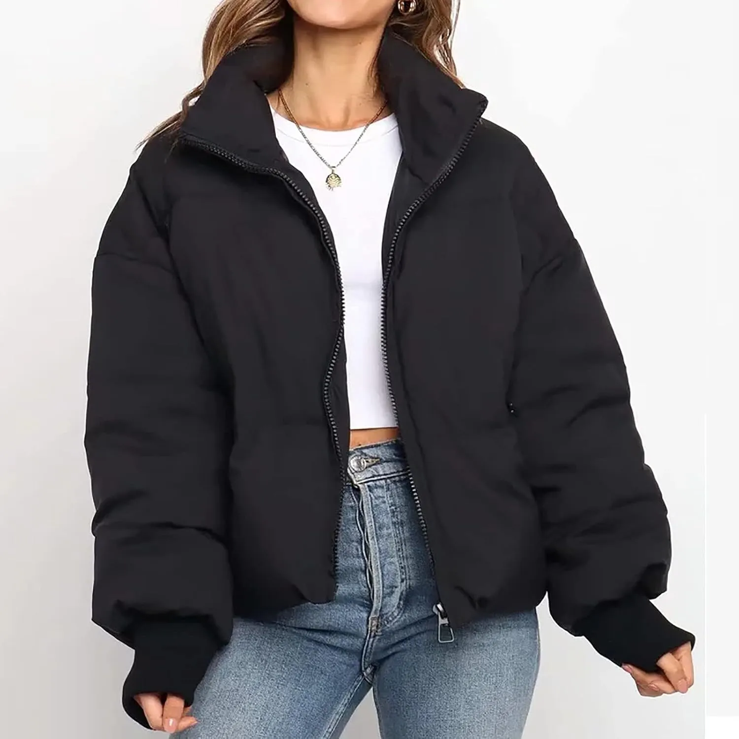 Womens Winter Cropped Puffer Jacket Coat Short Warm Quilted Jacket Zip Up Down Jackets Cozy Outerwear Padded Coat