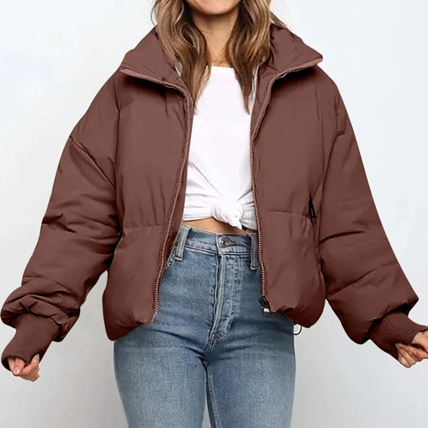 Womens Winter Cropped Puffer Jacket Coat Short Warm Quilted Jacket Zip Up Down Jackets Cozy Outerwear Padded Coat