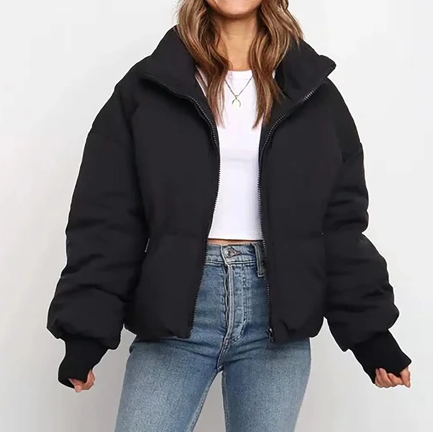 Womens Winter Cropped Puffer Jacket Coat Short Warm Quilted Jacket Zip Up Down Jackets Cozy Outerwear Padded Coat