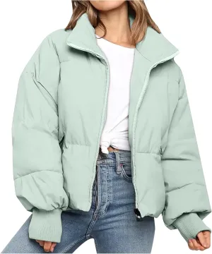 Womens Winter Cropped Puffer Jacket Coat Short Warm Quilted Jacket Zip Up Down Jackets Cozy Outerwear Padded Coat