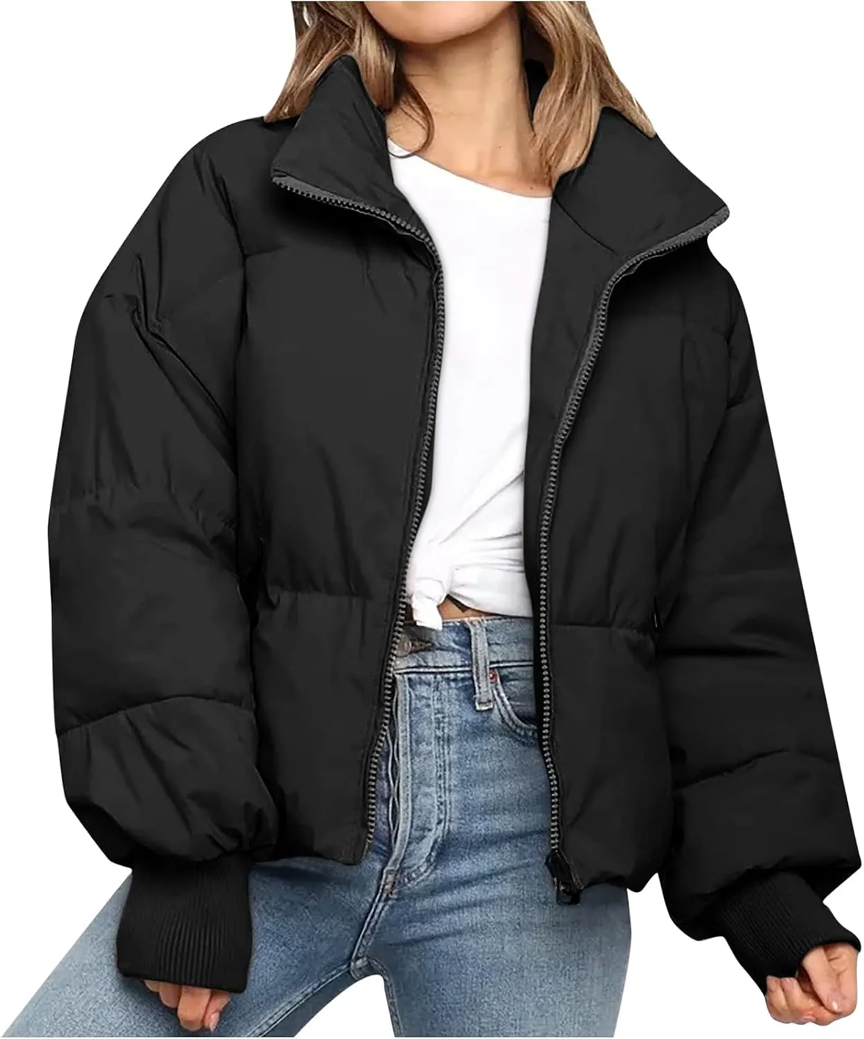 Womens Winter Cropped Puffer Jacket Coat Short Warm Quilted Jacket Zip Up Down Jackets Cozy Outerwear Padded Coat
