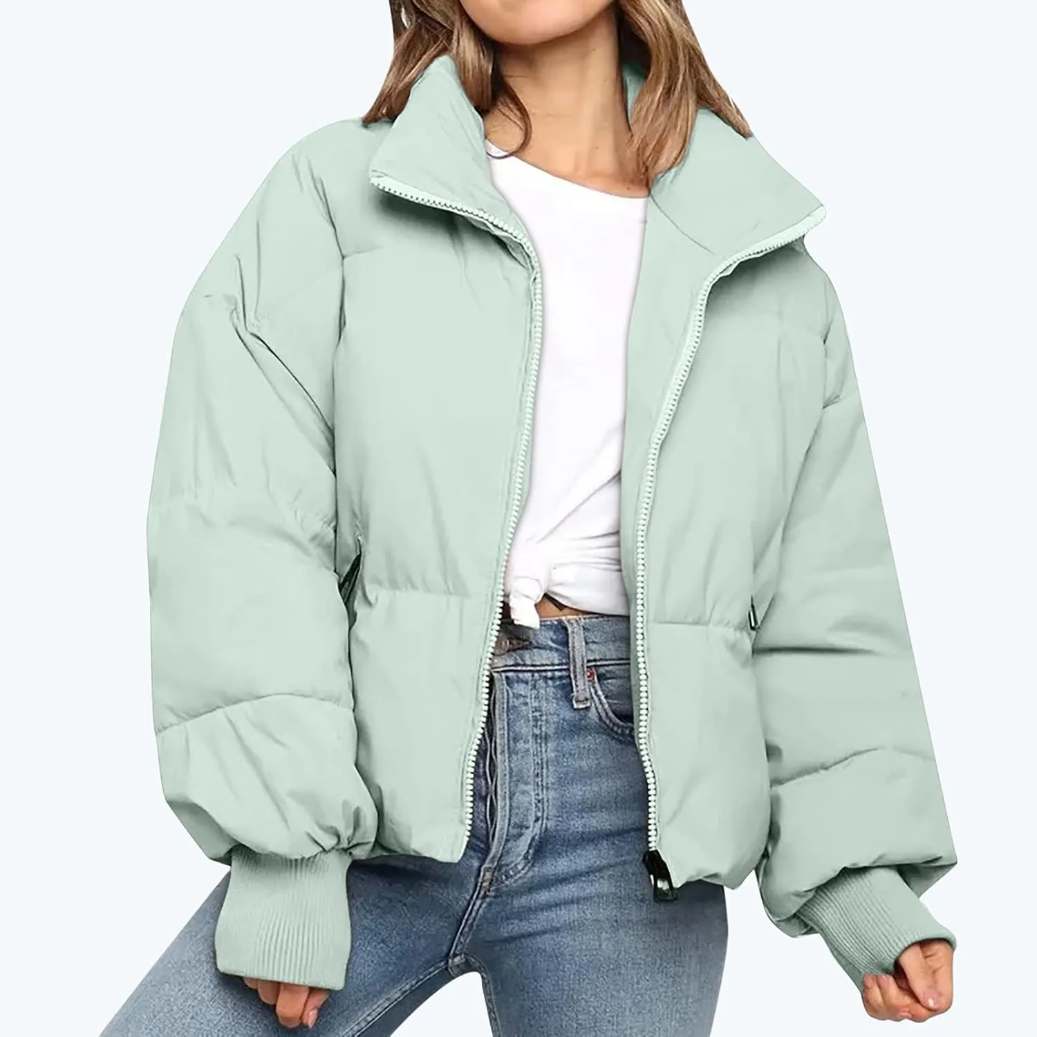 Womens Winter Cropped Puffer Jacket Coat Short Warm Quilted Jacket Zip Up Down Jackets Cozy Outerwear Padded Coat