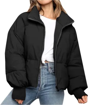 Womens Winter Cropped Puffer Jacket Coat Short Warm Quilted Jacket Zip Up Down Jackets Cozy Outerwear Padded Coat