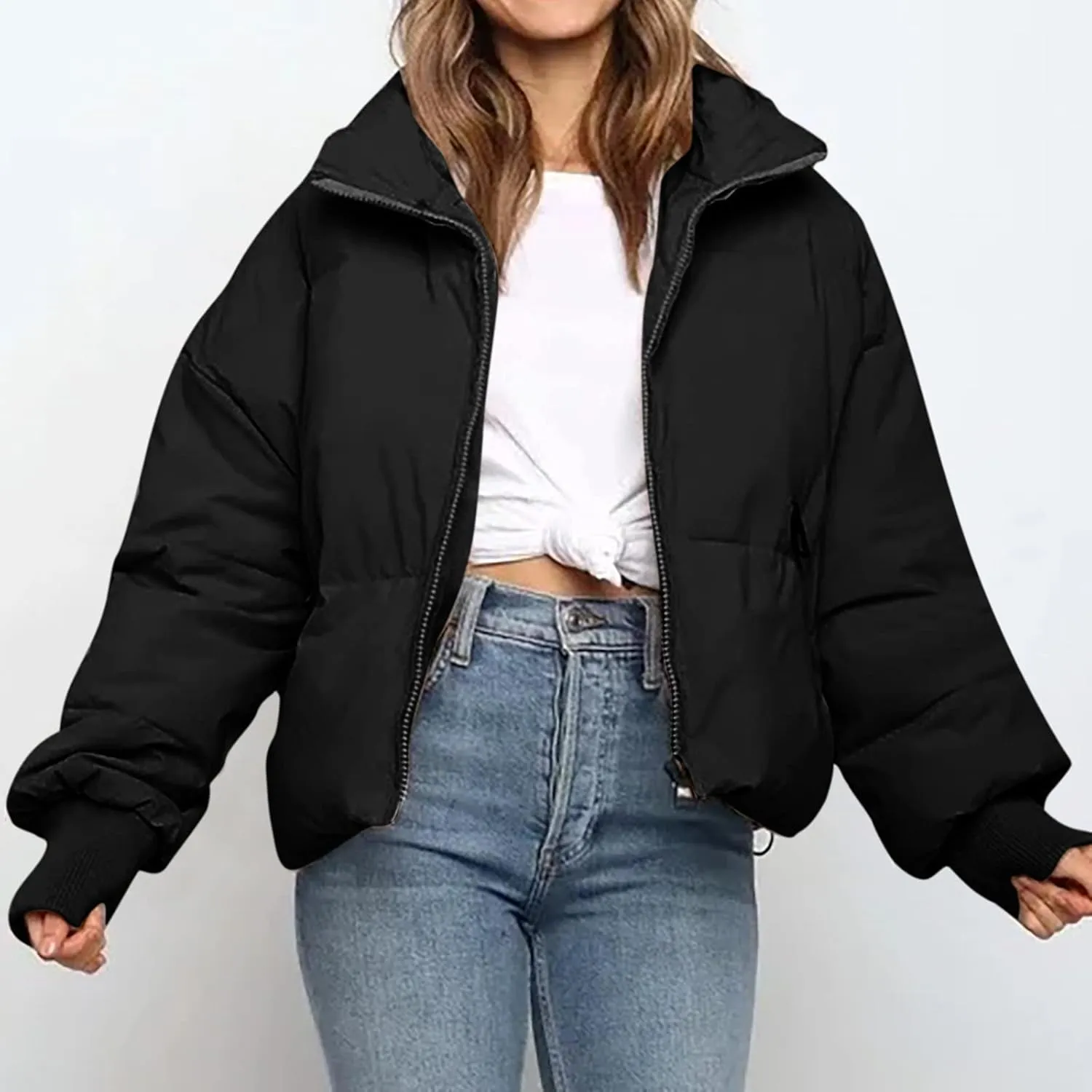 Womens Winter Cropped Puffer Jacket Coat Short Warm Quilted Jacket Zip Up Down Jackets Cozy Outerwear Padded Coat