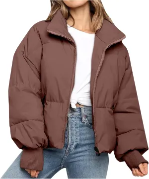 Womens Winter Cropped Puffer Jacket Coat Short Warm Quilted Jacket Zip Up Down Jackets Cozy Outerwear Padded Coat