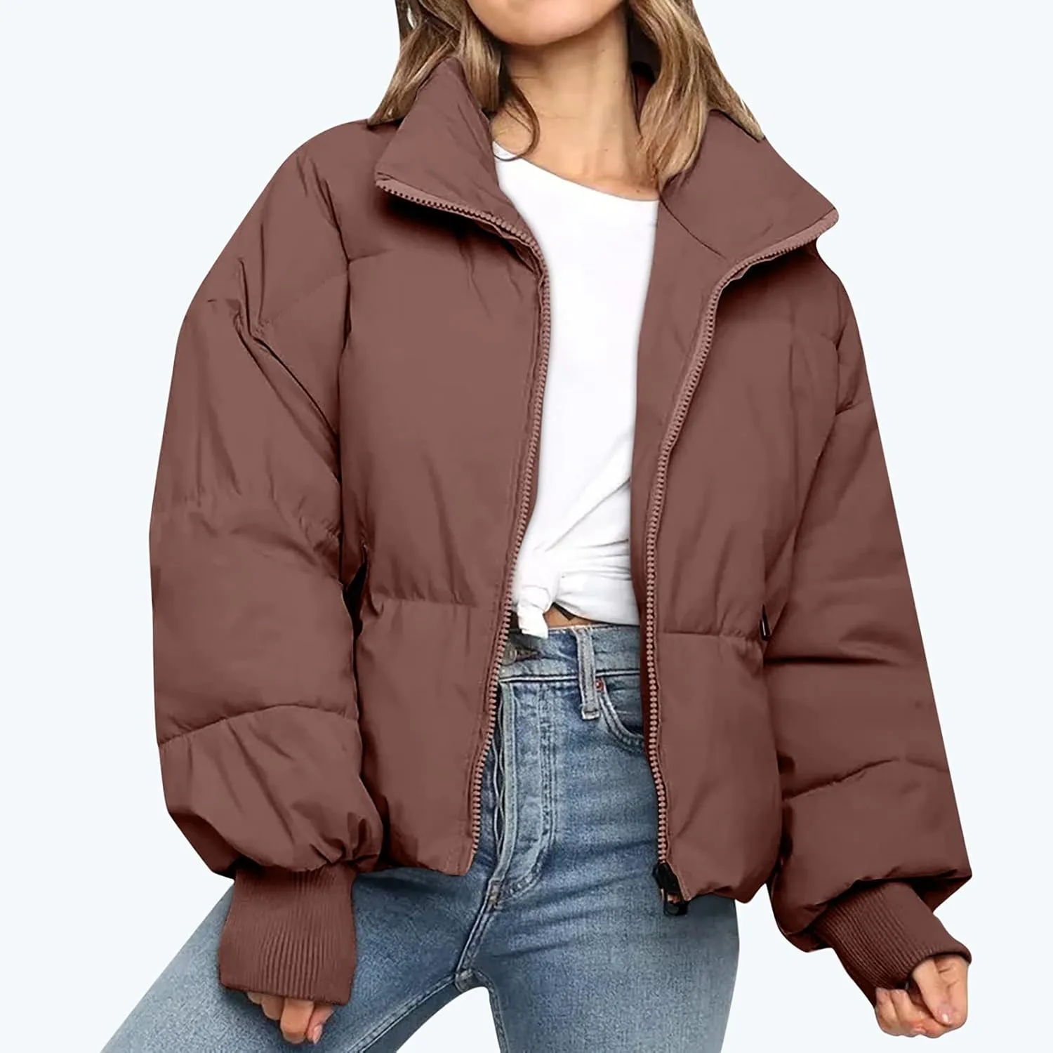 Womens Winter Cropped Puffer Jacket Coat Short Warm Quilted Jacket Zip Up Down Jackets Cozy Outerwear Padded Coat