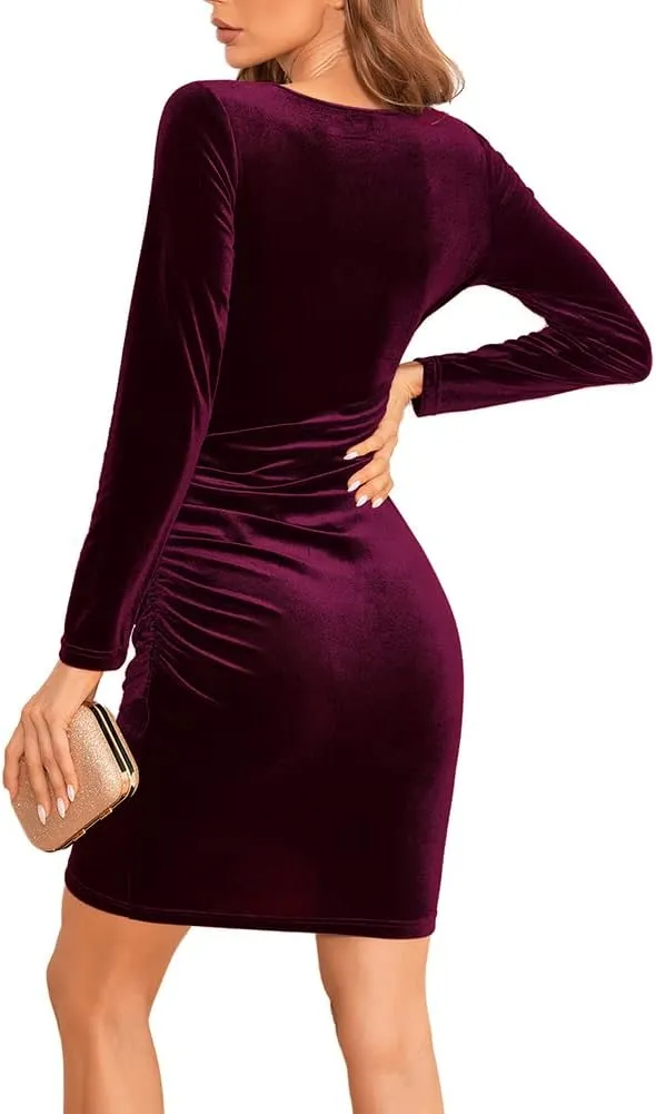Women's Wrap V Neck Long Sleeve Velvet Bodycon Ruched Cocktail Party Dress Elegant Split Wedding Fitted Short Mini Club Dress