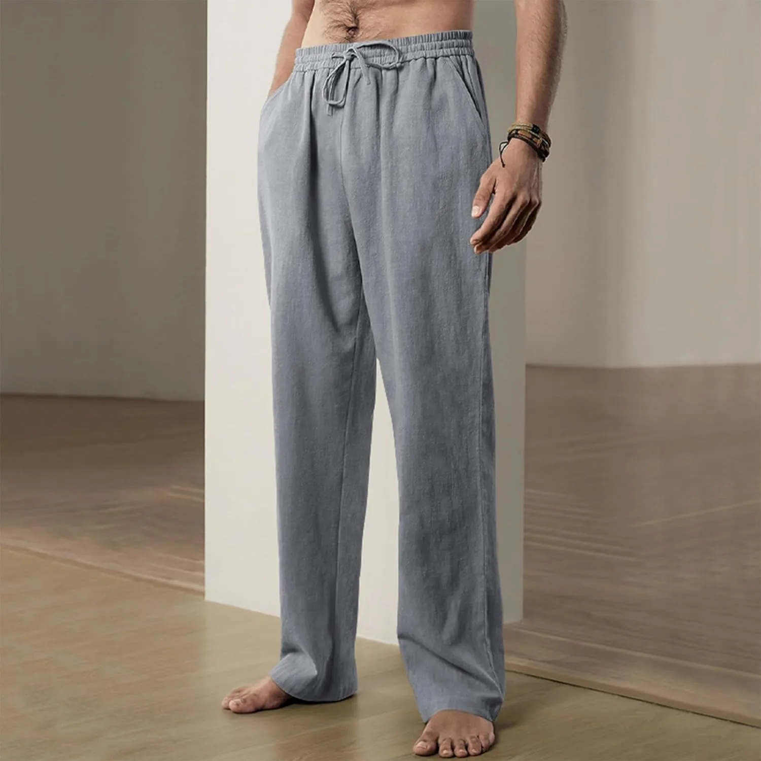 Work Pants for Men Lightweight Soft Cotton Linen Pants 2025 Summer Casual Elastic Waist Lounge Pants with Pockets