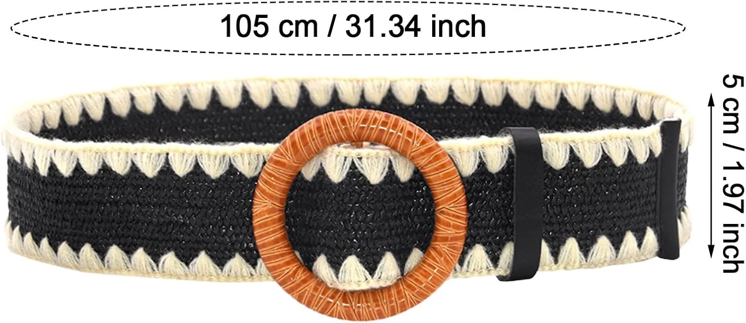 Woven Belt for Women Straw Woven Elastic Stretch Wide Waist Belt Bohemian with Buckle