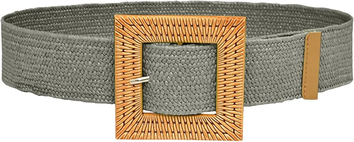 Woven Belt for Women Straw Woven Elastic Stretch Wide Waist Belt Bohemian with Buckle