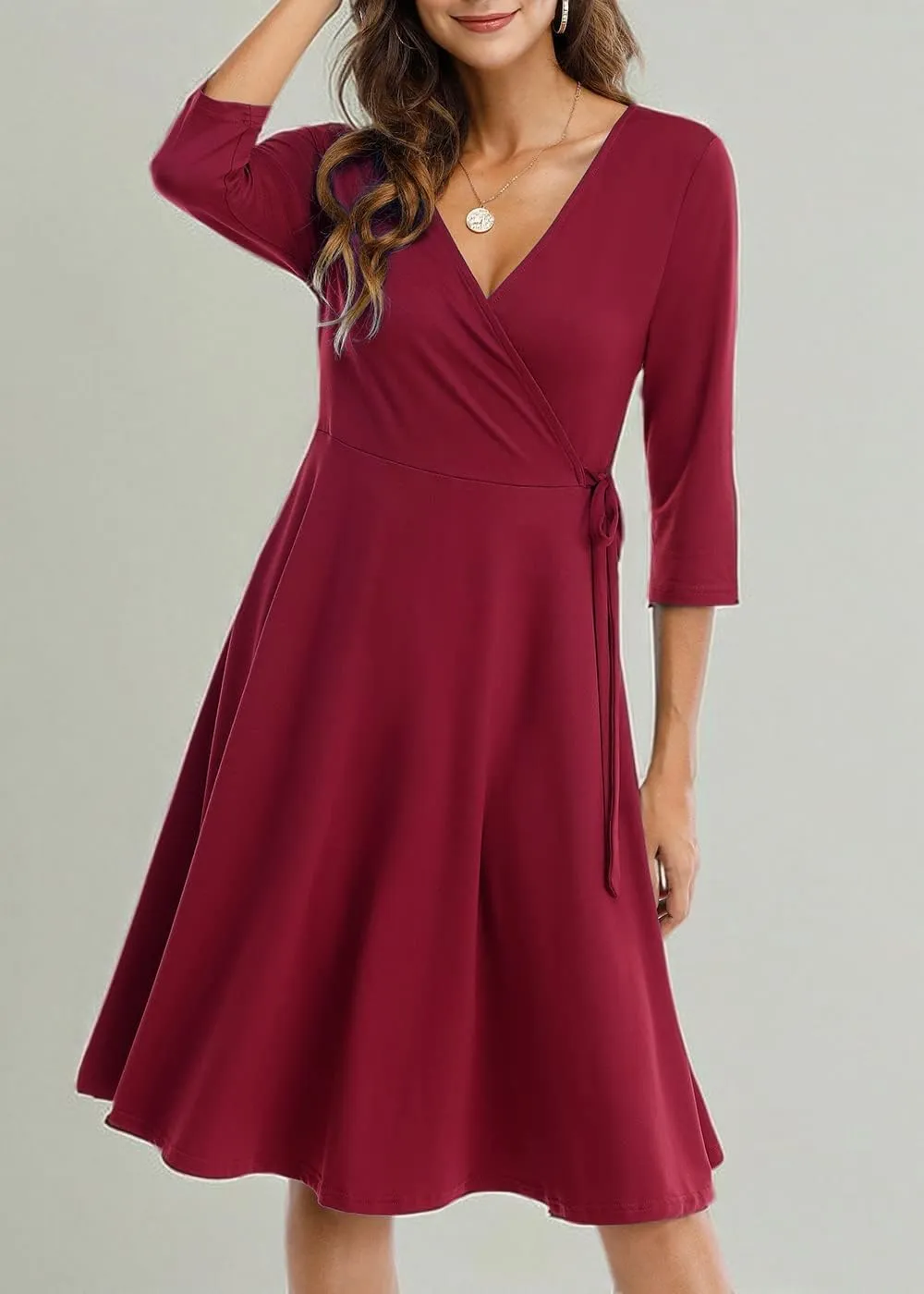 Wrap Dress for Women Casual V Neck Floral Party Swing A-Line Faux Wrap Dresses Midi Length
