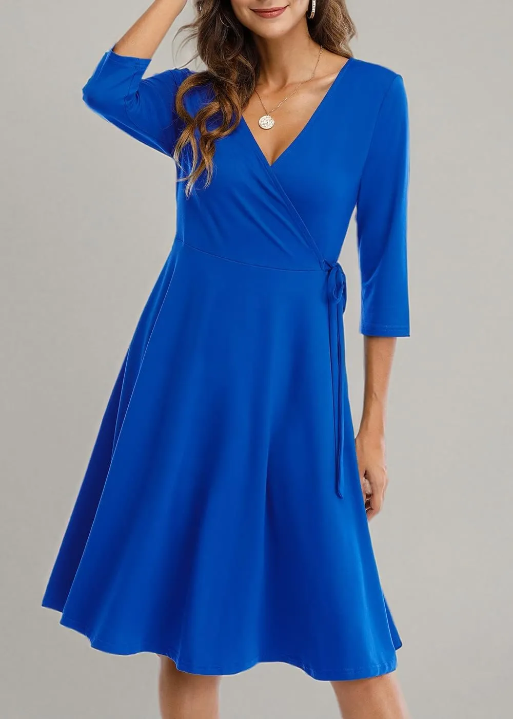 Wrap Dress for Women Casual V Neck Floral Party Swing A-Line Faux Wrap Dresses Midi Length