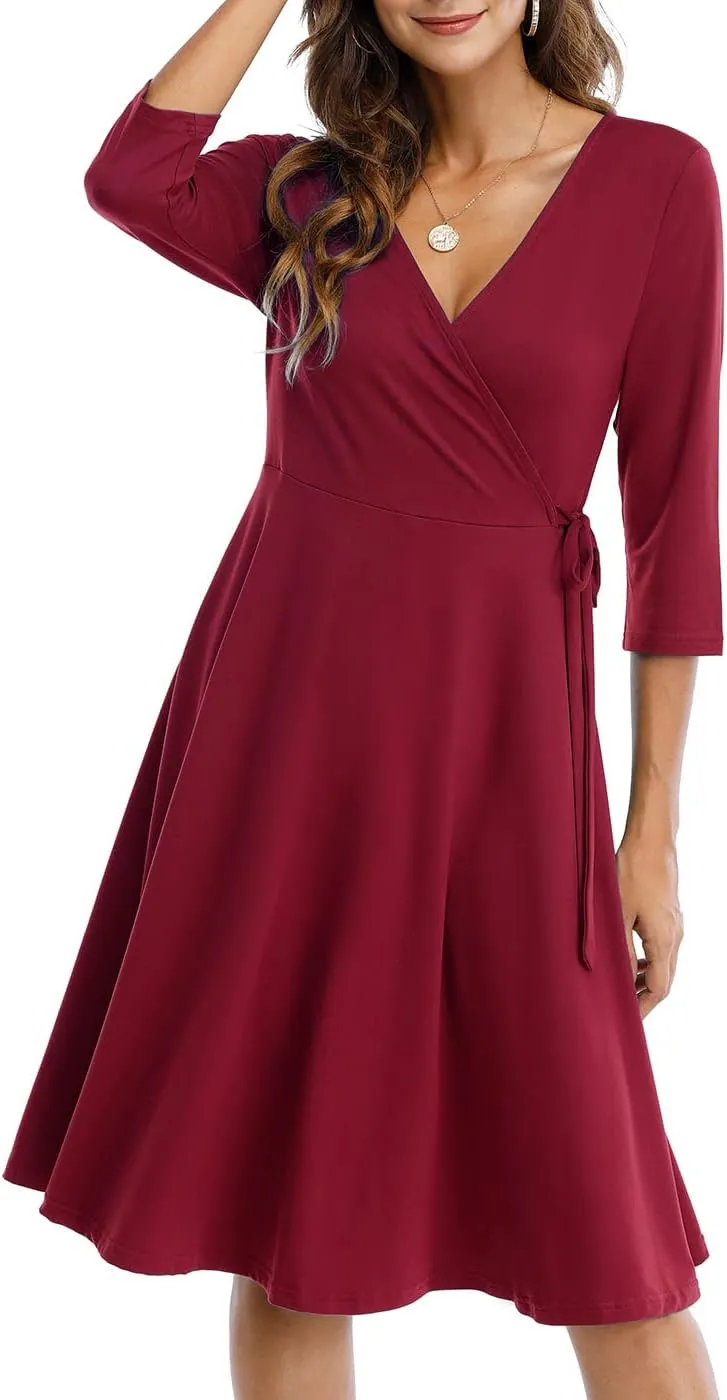 Wrap Dress for Women Casual V Neck Floral Party Swing A-Line Faux Wrap Dresses Midi Length