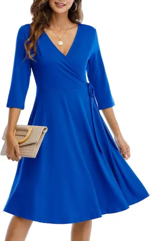 Wrap Dress for Women Casual V Neck Floral Party Swing A-Line Faux Wrap Dresses Midi Length