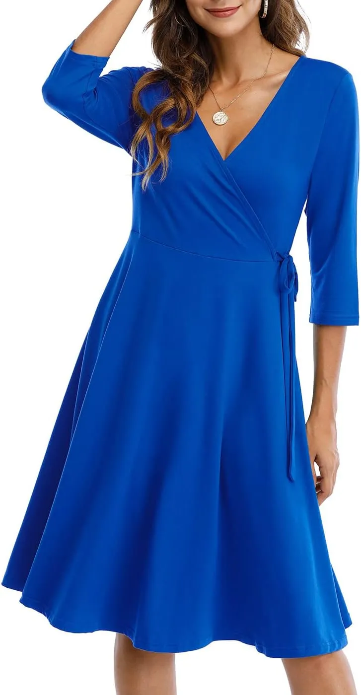 Wrap Dress for Women Casual V Neck Floral Party Swing A-Line Faux Wrap Dresses Midi Length
