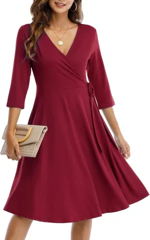 Wrap Dress for Women Casual V Neck Floral Party Swing A-Line Faux Wrap Dresses Midi Length