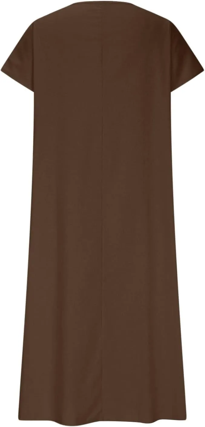 XOWRTE Linen Casual Dresses for Women Flowy V Neck Short Sleeve 2025 Maxi Dress Lightweight Summer Beach Vacation Clothes