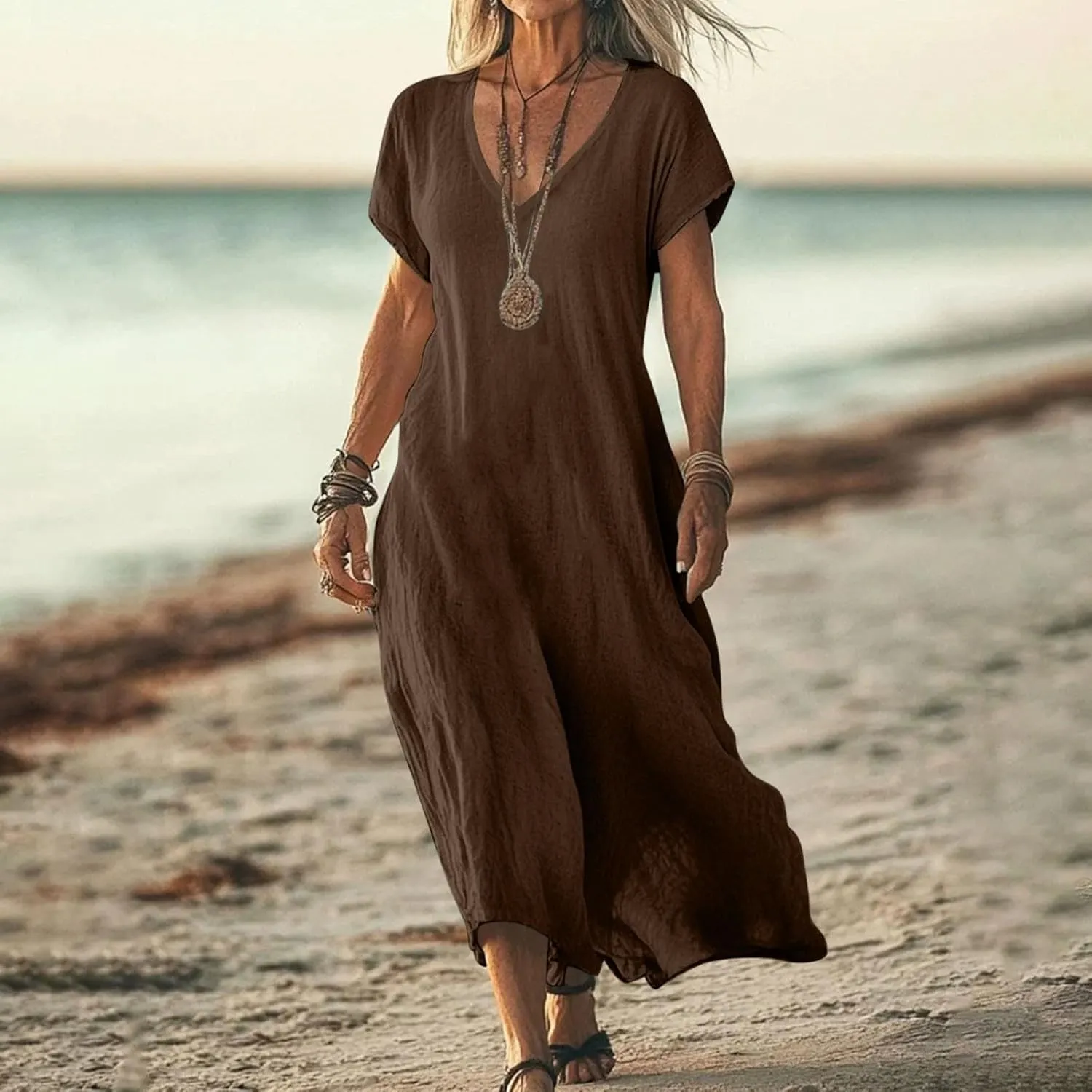 XOWRTE Linen Casual Dresses for Women Flowy V Neck Short Sleeve 2025 Maxi Dress Lightweight Summer Beach Vacation Clothes