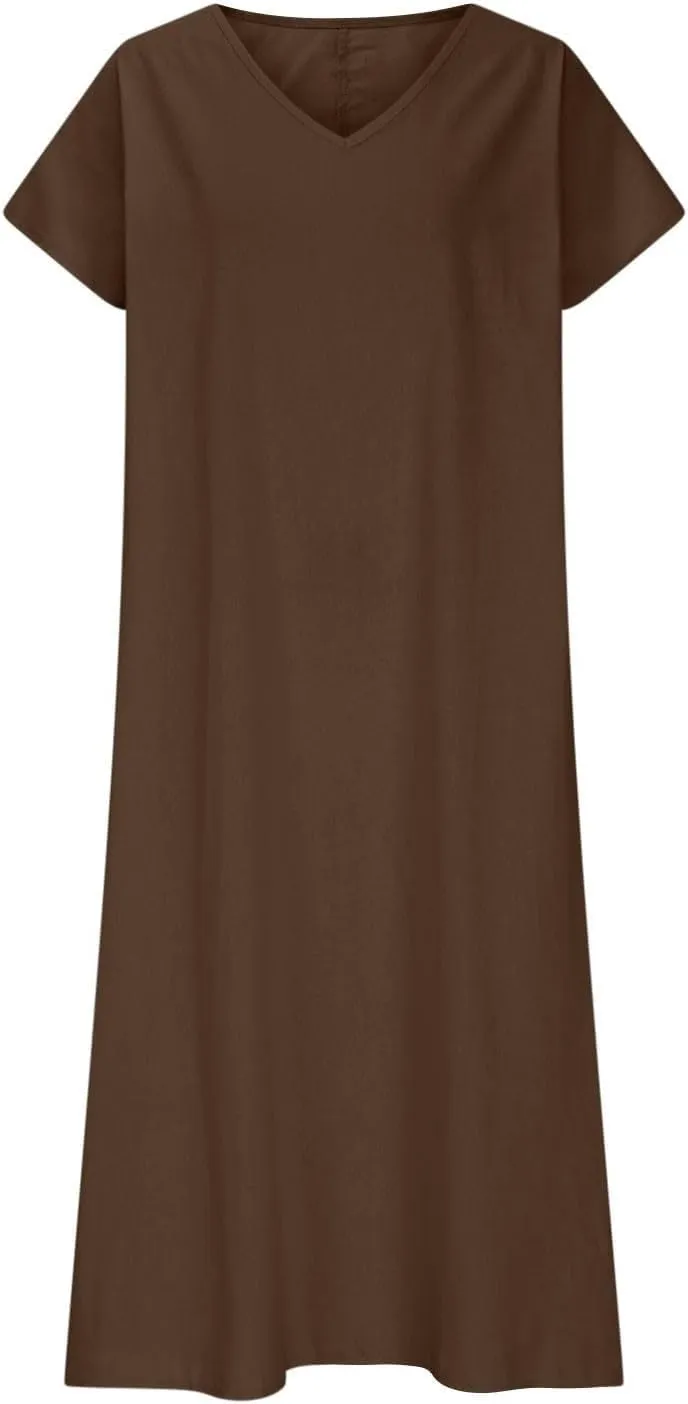 XOWRTE Linen Casual Dresses for Women Flowy V Neck Short Sleeve 2025 Maxi Dress Lightweight Summer Beach Vacation Clothes