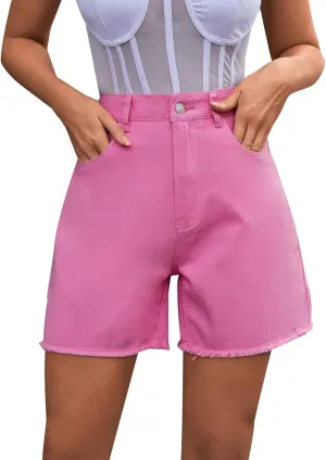 XUETON Bermuda Shorts for Women High Waisted Denim Shorts Straight Leg Raw Hem Jean Shorts Summer Hot Pants with Pockets(Pink,Medium)