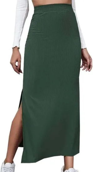 XUNRYAN Womens Maxi Skirt Dressy Casual Sexy Knit Bodycon Side Slit Skirts High Waist Summer Fashion Clothes Streetwear