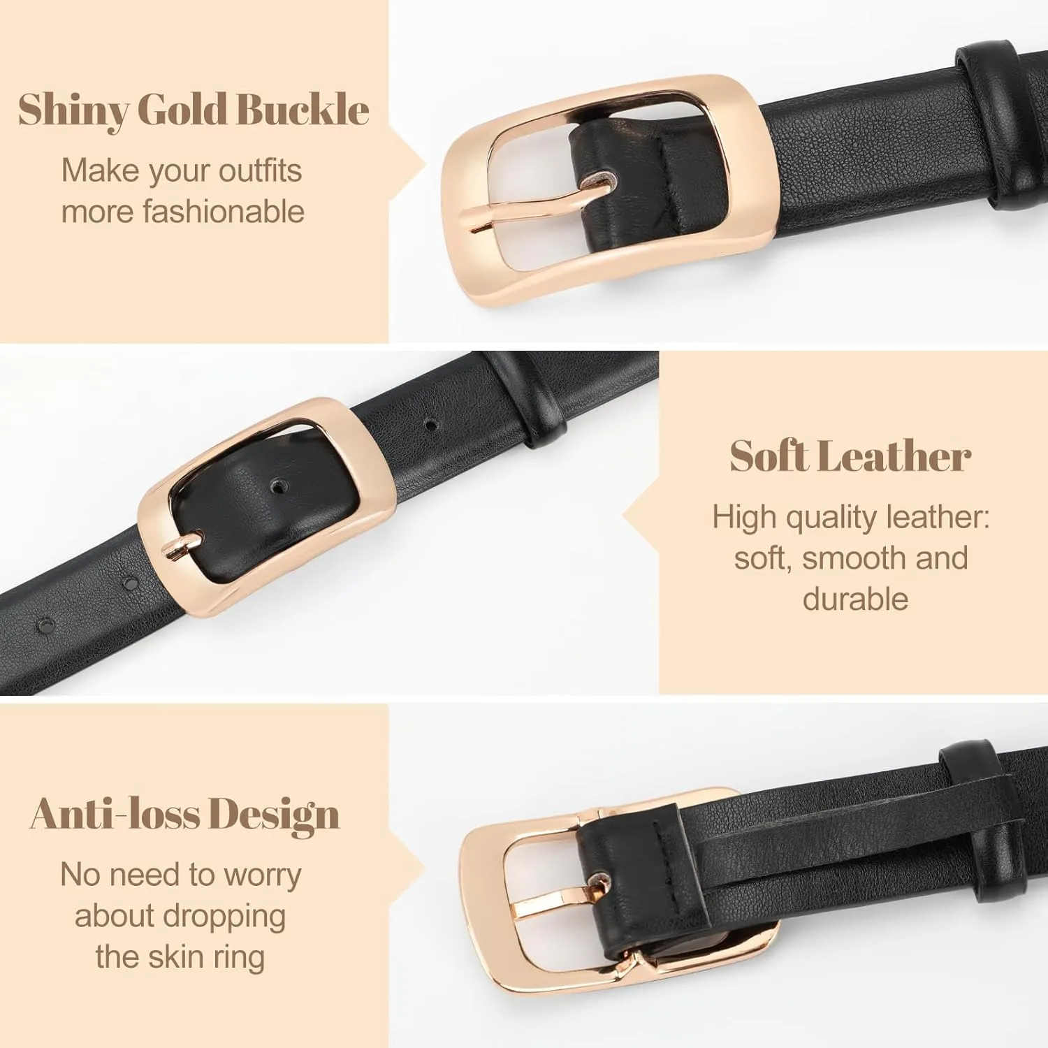 XZQTIVE Women Leather Belts for Jeans Pants, Black/Brown Waist Dress Belts with Gold/Silver Buckles, Fit Sizes S to XL