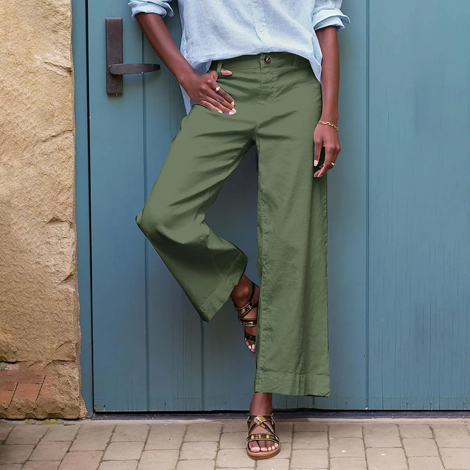 YRAETENM Linen Pants Women High Waisted Cropped Wide Leg Pants Business Casual Dress Pants Comfy Lounge Pants with Pockets
