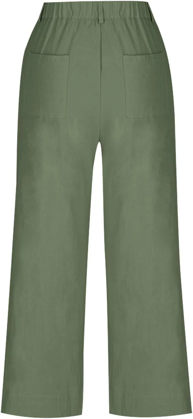 YRAETENM Linen Pants Women High Waisted Cropped Wide Leg Pants Business Casual Dress Pants Comfy Lounge Pants with Pockets