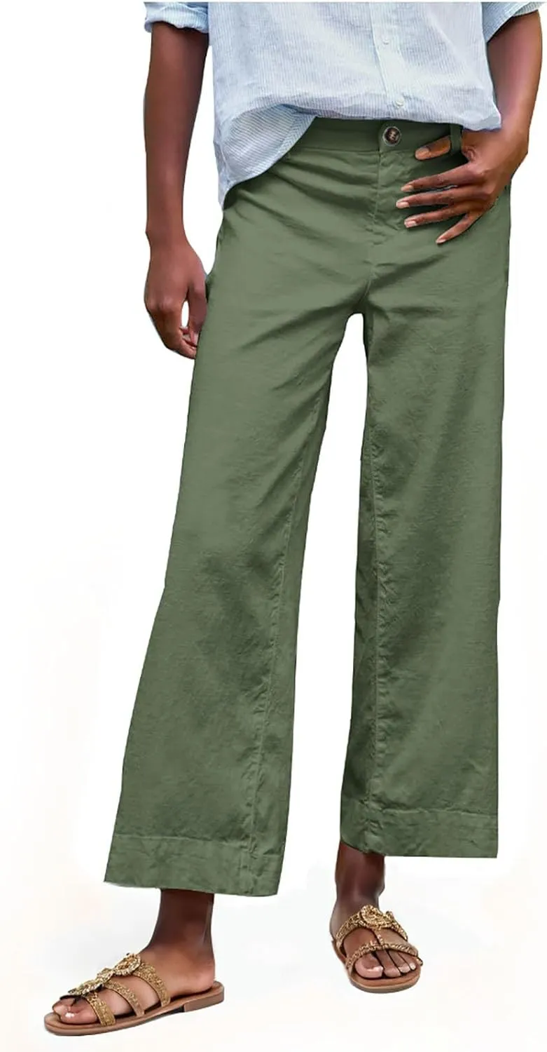 YRAETENM Linen Pants Women High Waisted Cropped Wide Leg Pants Business Casual Dress Pants Comfy Lounge Pants with Pockets