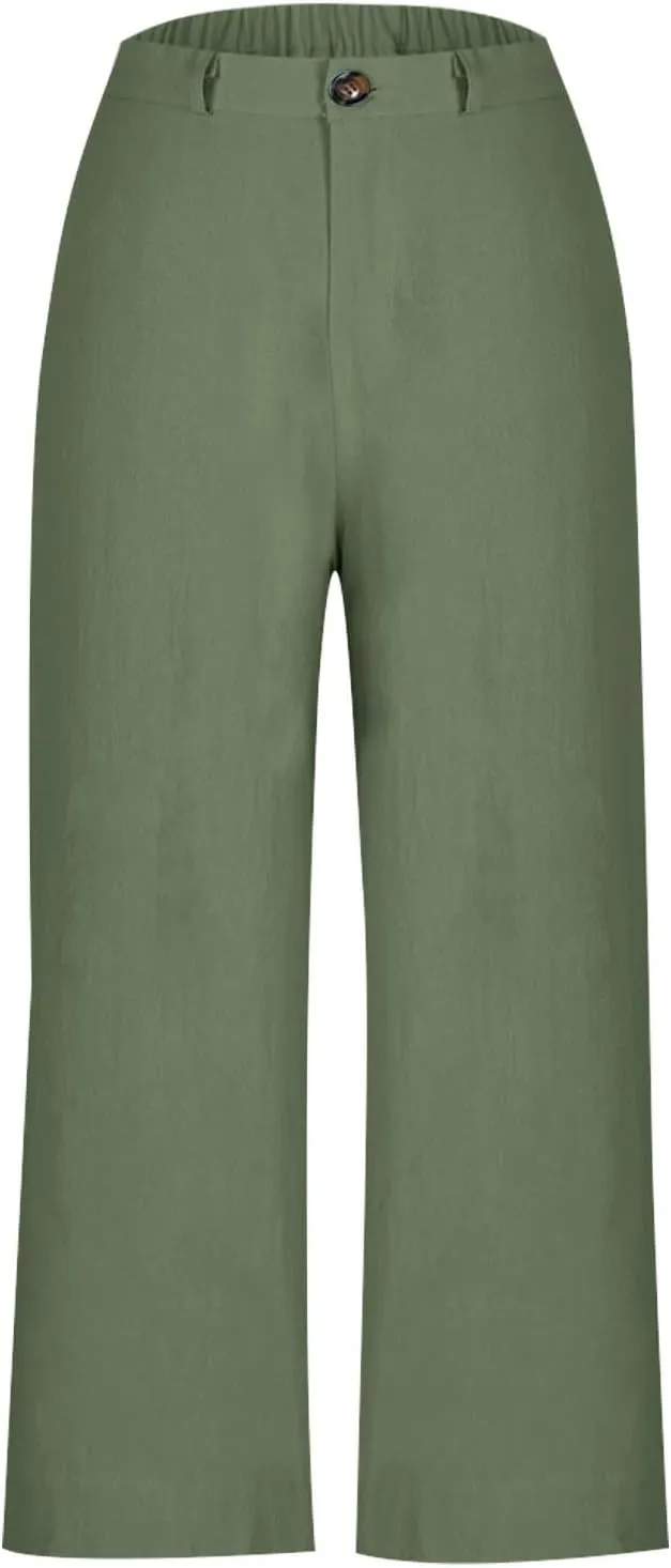 YRAETENM Linen Pants Women High Waisted Cropped Wide Leg Pants Business Casual Dress Pants Comfy Lounge Pants with Pockets