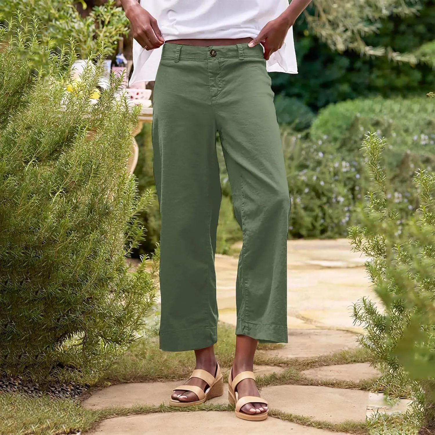 YRAETENM Linen Pants Women High Waisted Cropped Wide Leg Pants Business Casual Dress Pants Comfy Lounge Pants with Pockets