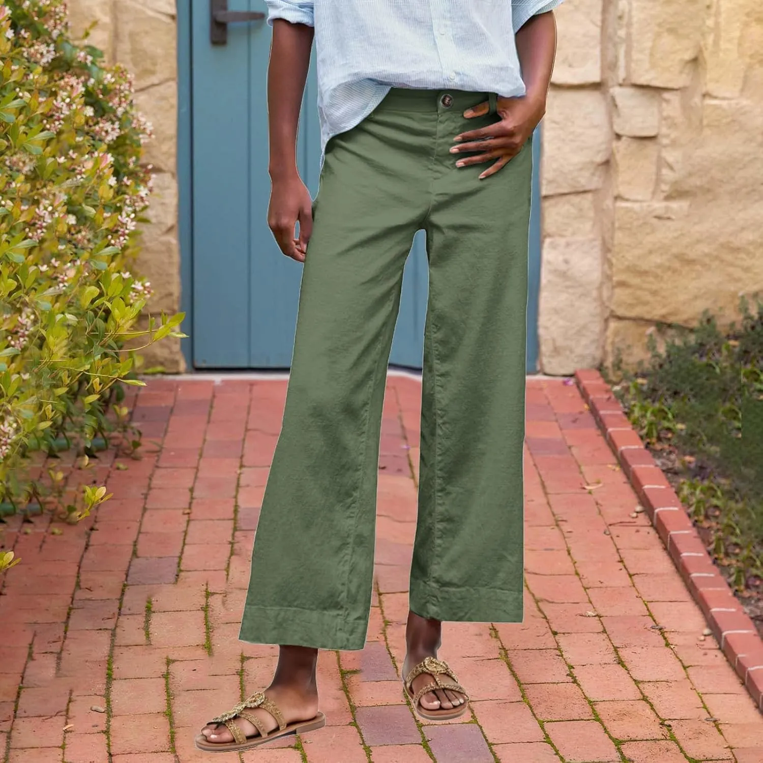 YRAETENM Linen Pants Women High Waisted Cropped Wide Leg Pants Business Casual Dress Pants Comfy Lounge Pants with Pockets