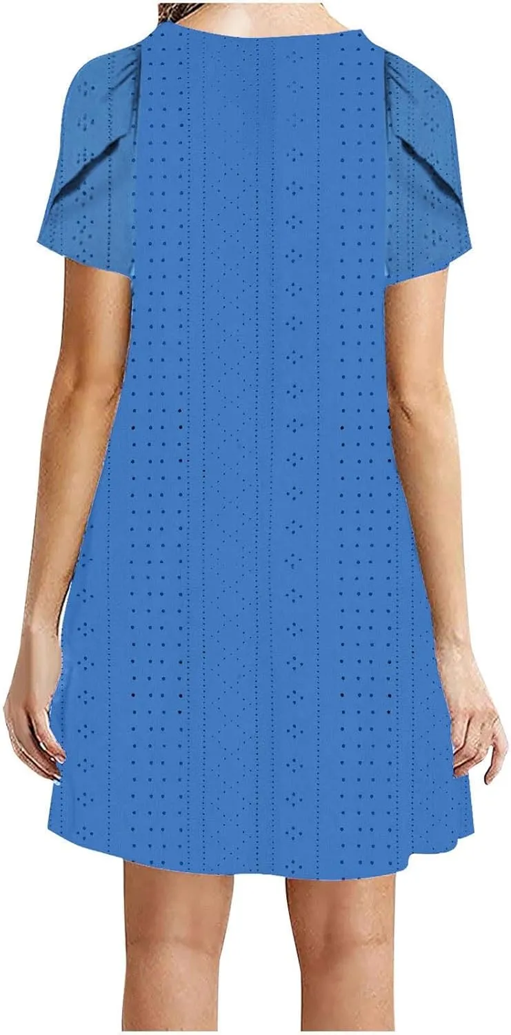 ZDRZK Shirt Dresses for Women Short Sleeve A-Line Round Neck Shift Dress Summer Casual Eyelet Hollow Out Short Sundresses
