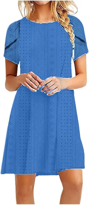 ZDRZK Shirt Dresses for Women Short Sleeve A-Line Round Neck Shift Dress Summer Casual Eyelet Hollow Out Short Sundresses